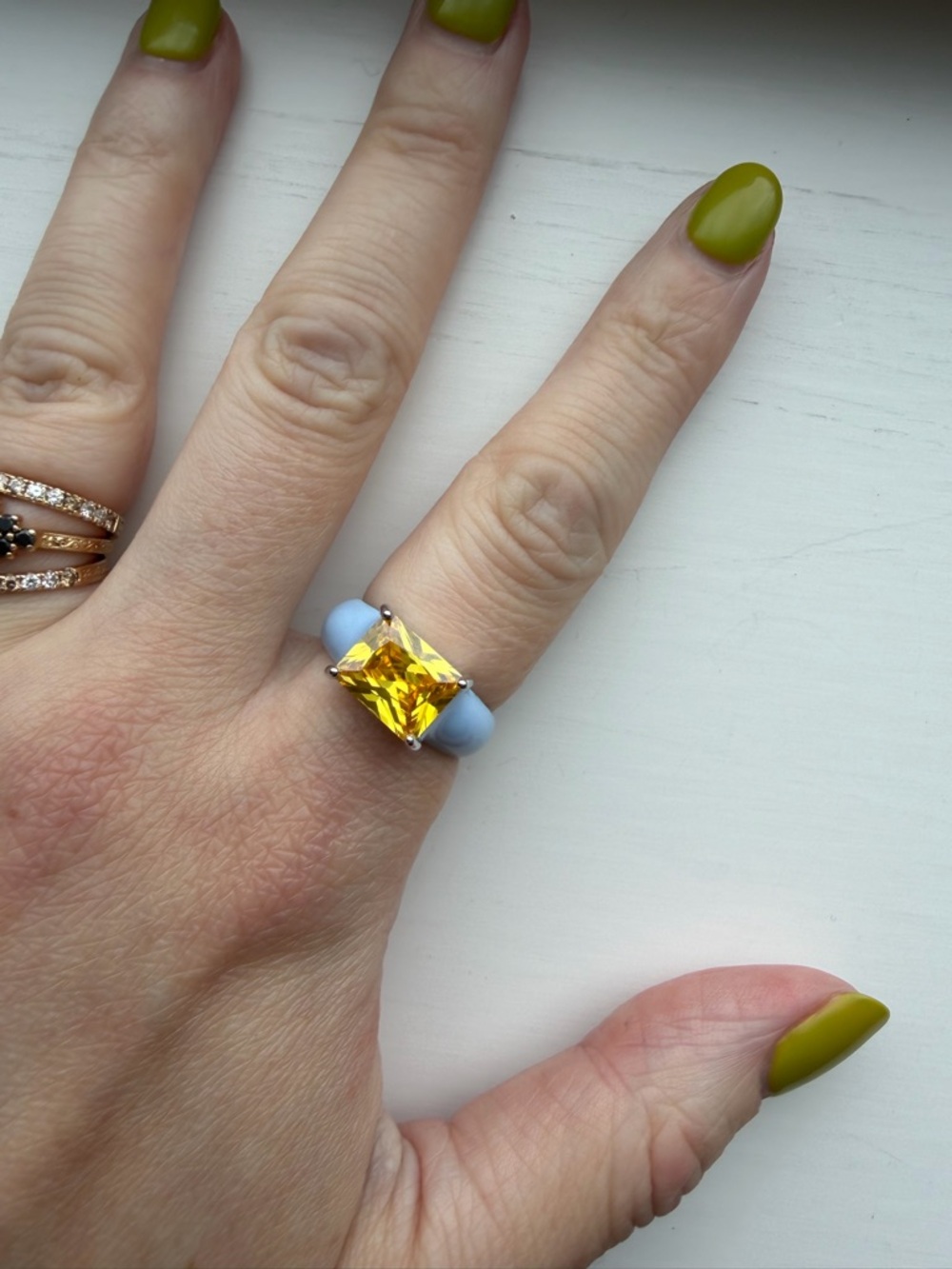 Baby Blue Enamel Cocktail Ring with Vibrant Yellow Faceted Crystal - Size 7.5